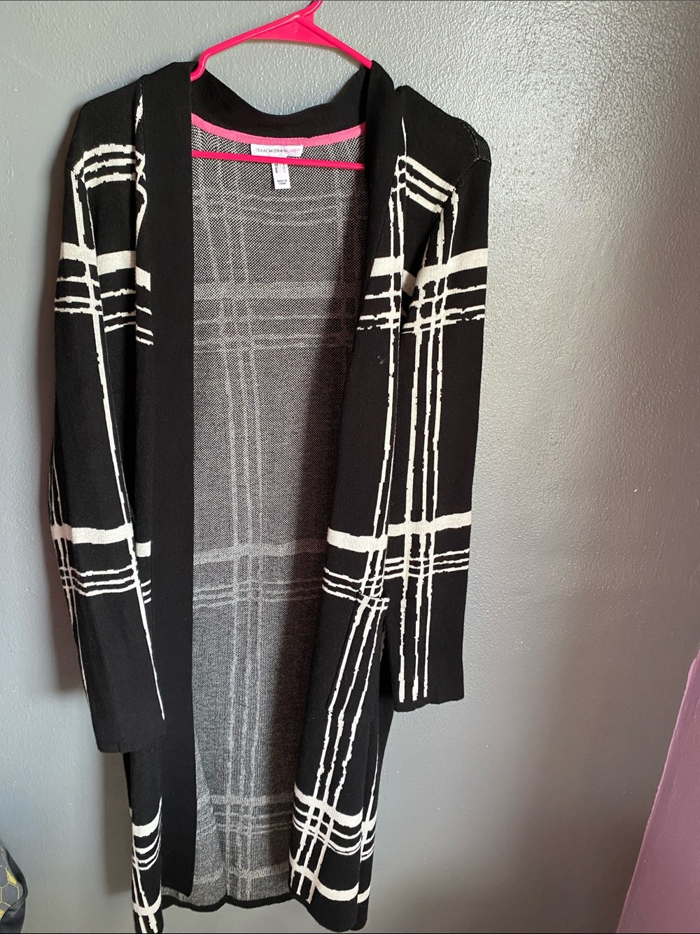 Isaac Mizrahi Black and White Plaid Long Open Cardigan